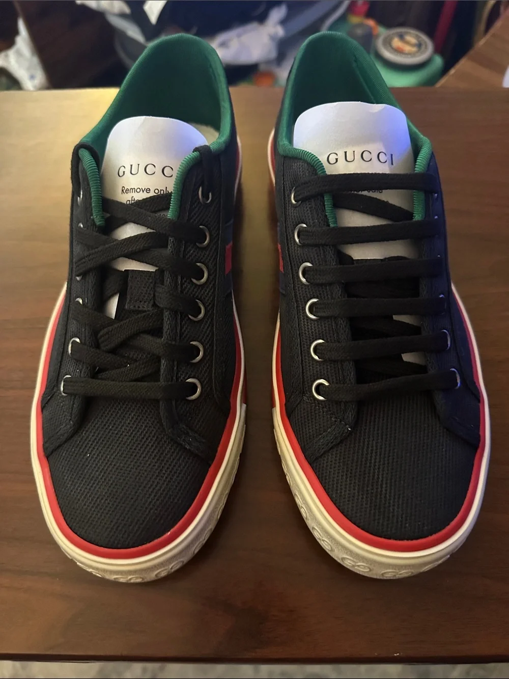 Gucci Black Canvas Low-Top Sneakers with Red Trim and Green Lining